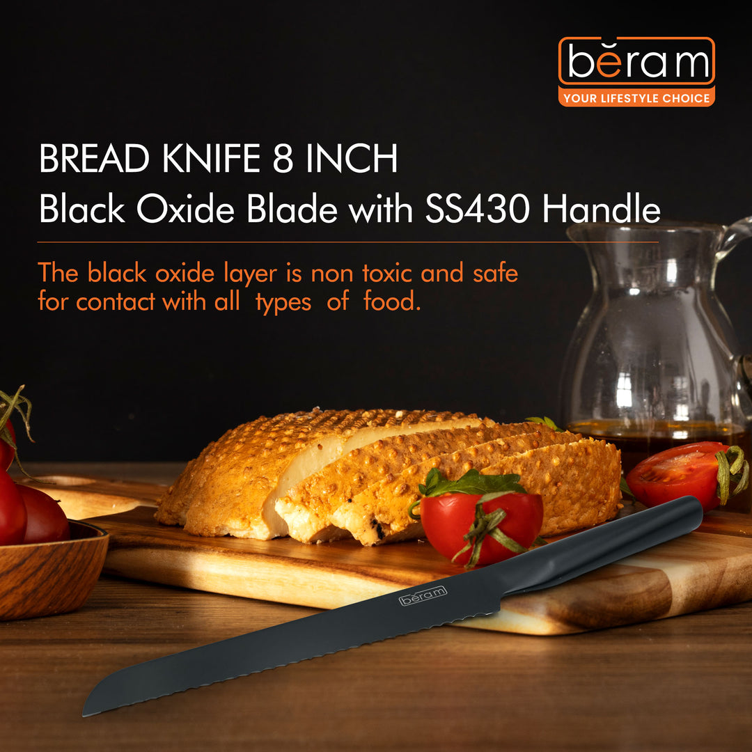 BERAM 8 Inch Bread Knife Black Oxide Coated 3CR13 Stainless Steel Blade with SS430 Handle Non-Stick Scratch-Resistant Serrated Knife for Everyday Bread Bagguettes Cake Slicing