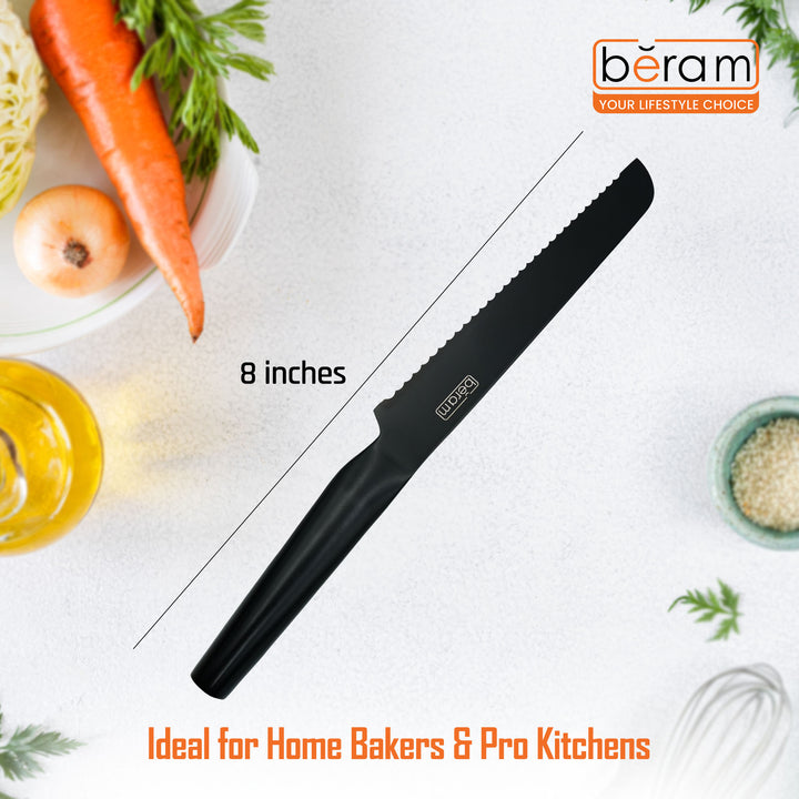 BERAM 8 Inch Bread Knife Black Oxide Coated 3CR13 Stainless Steel Blade with SS430 Handle Non-Stick Scratch-Resistant Serrated Knife for Everyday Bread Bagguettes Cake Slicing