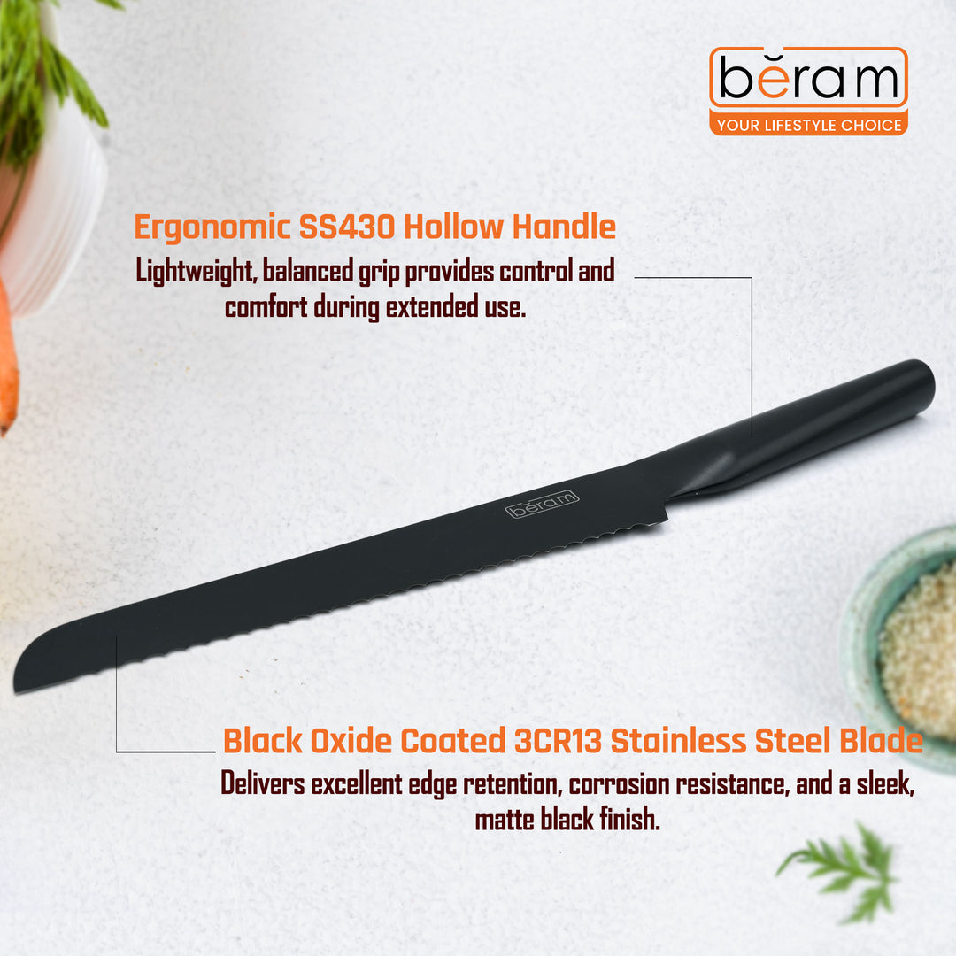 BERAM 8 Inch Bread Knife Black Oxide Coated 3CR13 Stainless Steel Blade with SS430 Handle Non-Stick Scratch-Resistant Serrated Knife for Everyday Bread Bagguettes Cake Slicing