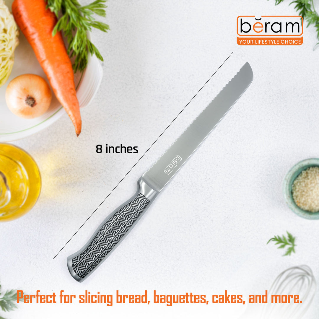 BERAM 8 Inch Bread Knife Serrated 3CR13Stainless Steel Blade with Stylish Stainless Steel 430 Hollow Handle Precision Slicer for Crusty Bread and Baked Goods Sleek and Durable Kitchen Knife