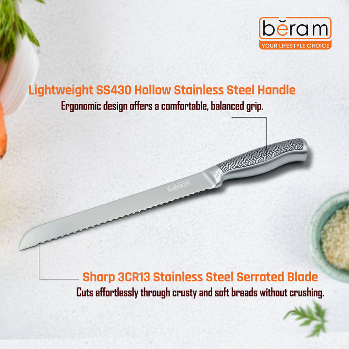 BERAM 8 Inch Bread Knife Serrated 3CR13Stainless Steel Blade with Stylish Stainless Steel 430 Hollow Handle Precision Slicer for Crusty Bread and Baked Goods Sleek and Durable Kitchen Knife