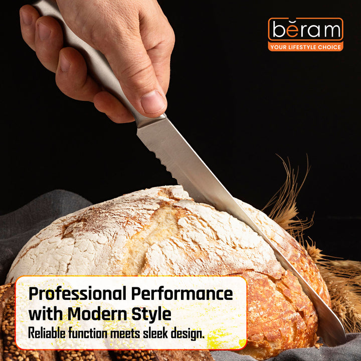 BERAM 8 Inch Bread Knife 3CR13 Stainless Steel Blade Precision Serration Effortless Slicing Durable Stylish Kitchen Knife Perfect for slicing bread baguettes  cakes and more SS hollow handle