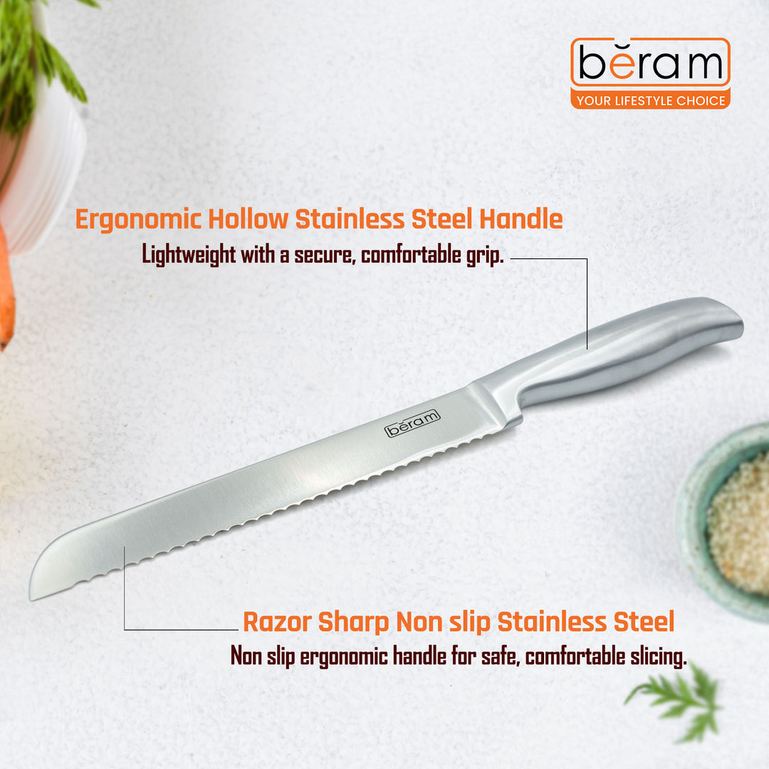 BERAM 8 Inch Bread Knife 3CR13 Stainless Steel Blade Precision Serration Effortless Slicing Durable Stylish Kitchen Knife Perfect for slicing bread baguettes  cakes and more SS hollow handle