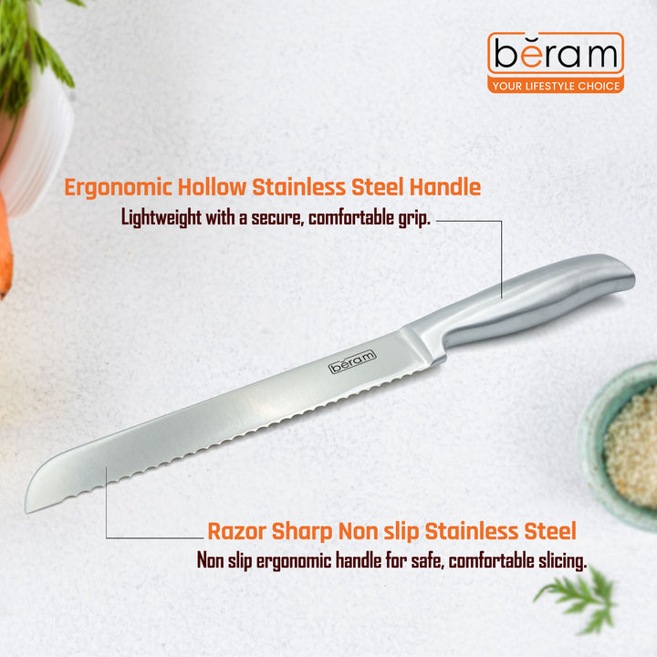 BERAM 8 Inch Bread Knife 3CR13 Stainless Steel Blade Precision Serration Effortless Slicing Durable Stylish Kitchen Knife Perfect for slicing bread baguettes  cakes and more SS hollow handle