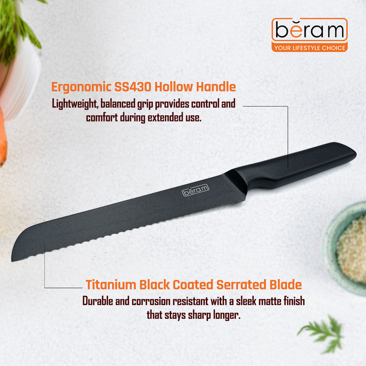 BERAM 8 Inch Bread Knife Titanium Black Coated 3CR13 Premium Stainless Steel Serrated Blade with SS430 Handle Sleek Durable Slicer for Bread  Baked Goods Crusty Loaves