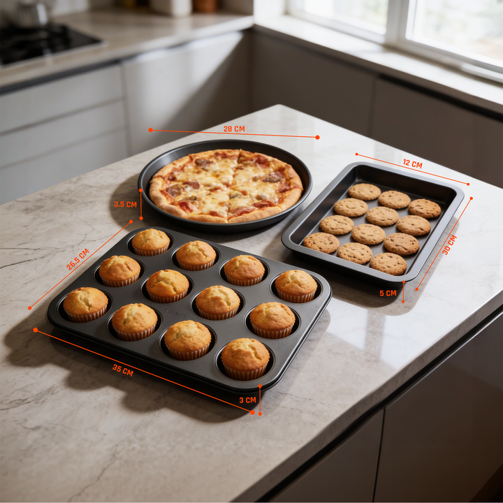 BERGNER 3Pc Non Stick Carbon Steel Black Bakeware Set with 12 Cup Muffin Tray Springform Cake Pan and Loaf Pan Oven Safe Baking Tins for Cake Muffin Bread Baking Essentials
