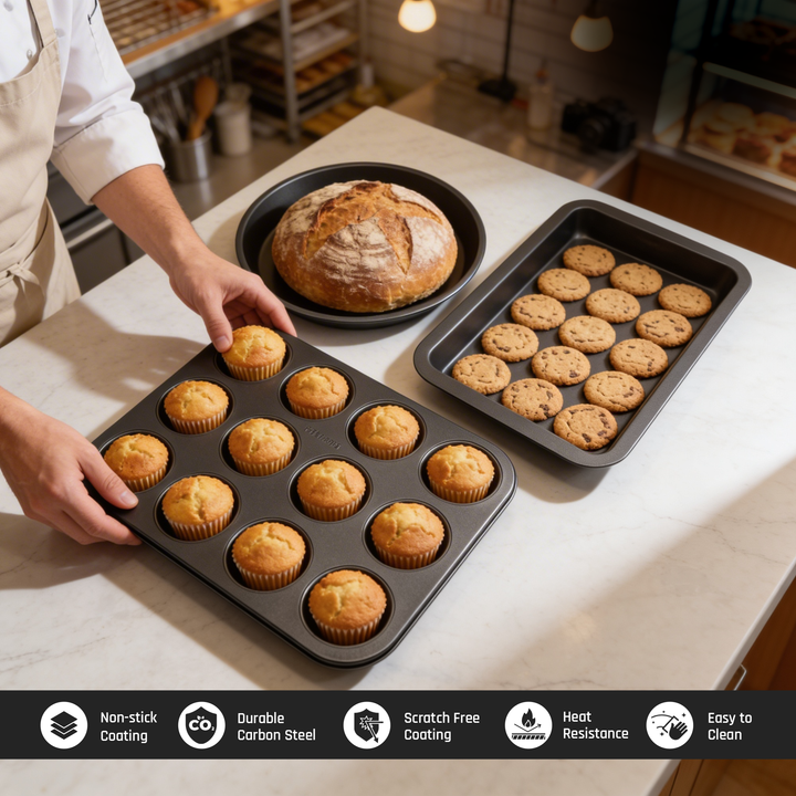 BERGNER 3Pc Non Stick Carbon Steel Black Bakeware Set with 12 Cup Muffin Tray Springform Cake Pan and Loaf Pan Oven Safe Baking Tins for Cake Muffin Bread Baking Essentials