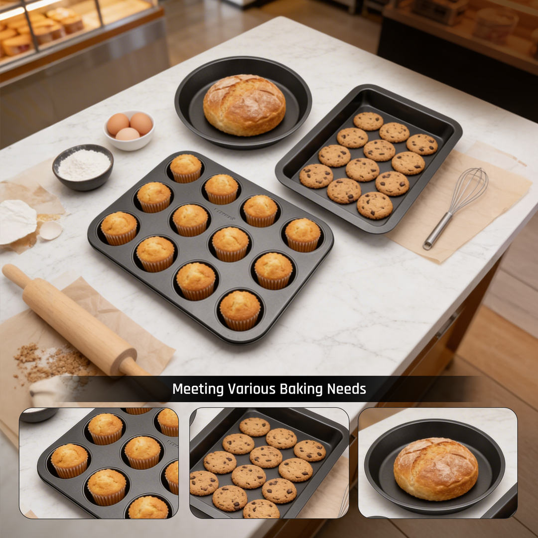 BERGNER 3Pc Non Stick Carbon Steel Black Bakeware Set with 12 Cup Muffin Tray Springform Cake Pan and Loaf Pan Oven Safe Baking Tins for Cake Muffin Bread Baking Essentials