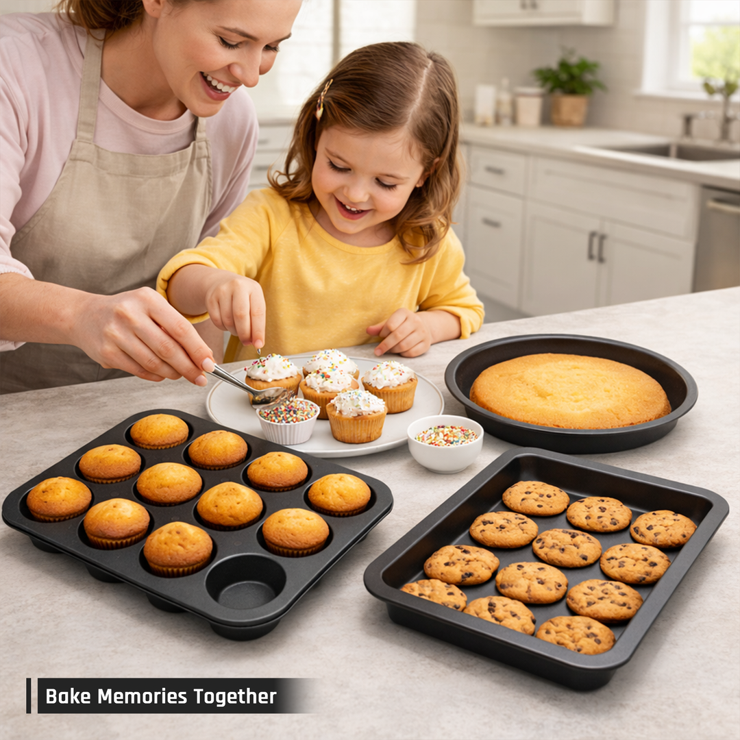 BERGNER 3Pc Non Stick Carbon Steel Black Bakeware Set with 12 Cup Muffin Tray Springform Cake Pan and Loaf Pan Oven Safe Baking Tins for Cake Muffin Bread Baking Essentials