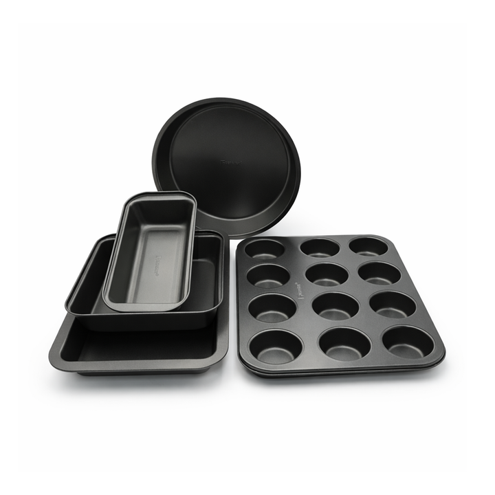 BERGNER 5Pc Non Stick  Black Carbon Steel Bakeware Set with Muffin Tray Oven Tray Cake Pan Loaf Pan and Springform Cake Tin Oven Safe Baking Essentials