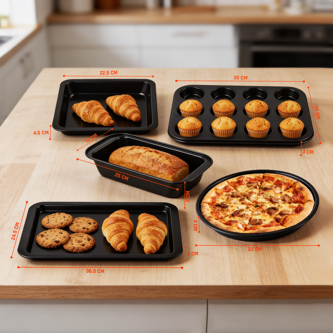 BERGNER 5Pc Non Stick  Black Carbon Steel Bakeware Set with Muffin Tray Oven Tray Cake Pan Loaf Pan and Springform Cake Tin Oven Safe Baking Essentials