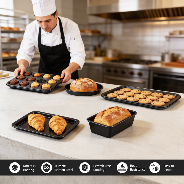 BERGNER 5Pc Non Stick  Black Carbon Steel Bakeware Set with Muffin Tray Oven Tray Cake Pan Loaf Pan and Springform Cake Tin Oven Safe Baking Essentials