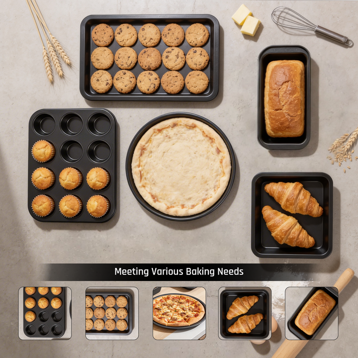 BERGNER 5Pc Non Stick  Black Carbon Steel Bakeware Set with Muffin Tray Oven Tray Cake Pan Loaf Pan and Springform Cake Tin Oven Safe Baking Essentials