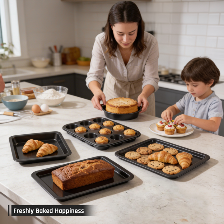 BERGNER 5Pc Non Stick  Black Carbon Steel Bakeware Set with Muffin Tray Oven Tray Cake Pan Loaf Pan and Springform Cake Tin Oven Safe Baking Essentials