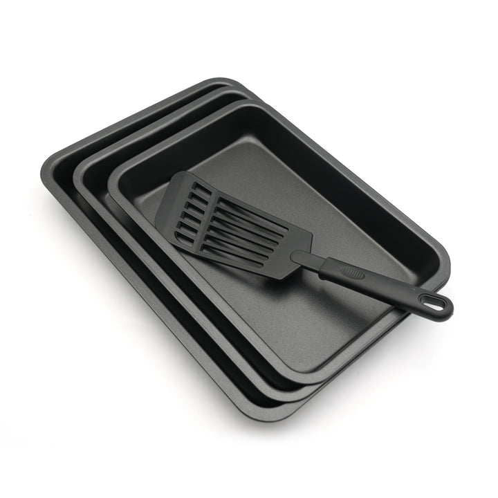 BERGNER 4Pc Black  Non Stick Carbon Steel Rectangular Baking Tray Set with Large Medium Small Oven Trays and Slotted Turner Oven Safe for Cake Bread Pastry and Roasting