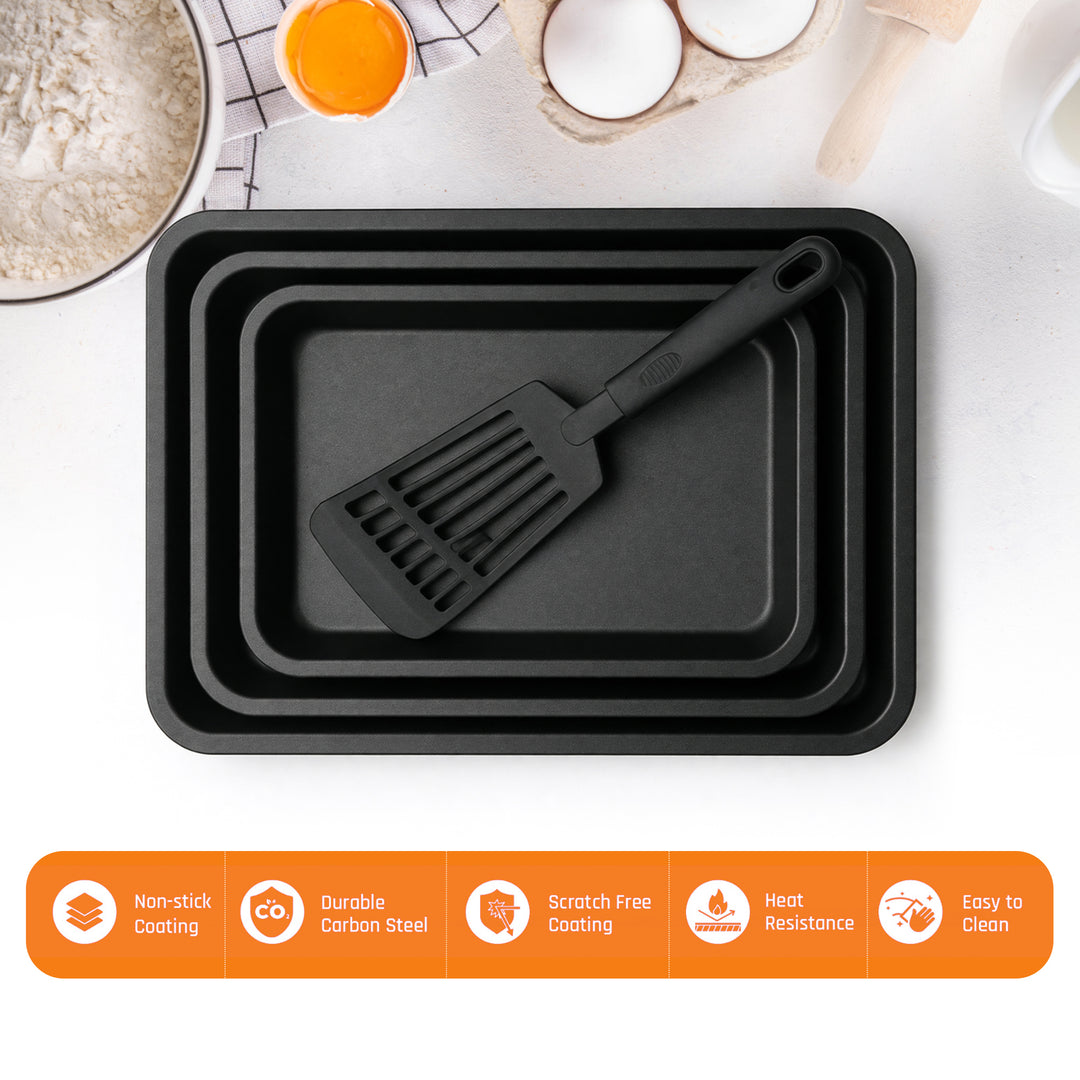 BERGNER 4Pc Black  Non Stick Carbon Steel Rectangular Baking Tray Set with Large Medium Small Oven Trays and Slotted Turner Oven Safe for Cake Bread Pastry and Roasting