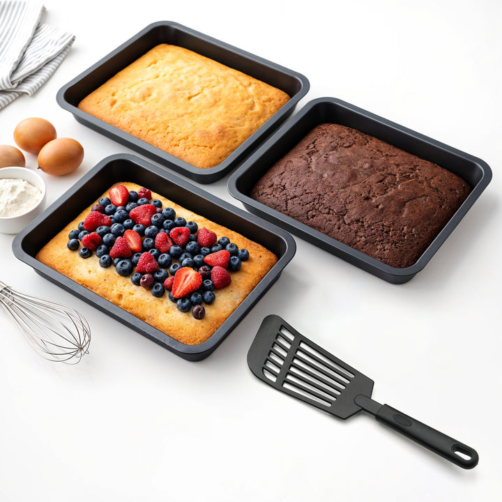 BERGNER 4Pc Black  Non Stick Carbon Steel Rectangular Baking Tray Set with Large Medium Small Oven Trays and Slotted Turner Oven Safe for Cake Bread Pastry and Roasting