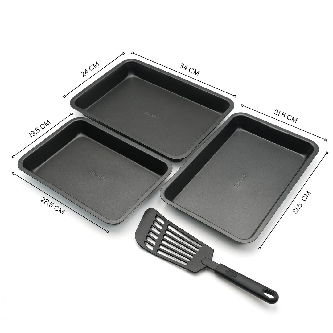 BERGNER 4Pc Black  Non Stick Carbon Steel Rectangular Baking Tray Set with Large Medium Small Oven Trays and Slotted Turner Oven Safe for Cake Bread Pastry and Roasting