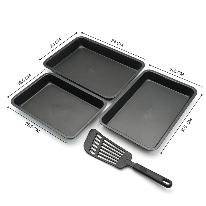 BERGNER 4Pc Black  Non Stick Carbon Steel Rectangular Baking Tray Set with Large Medium Small Oven Trays and Slotted Turner Oven Safe for Cake Bread Pastry and Roasting