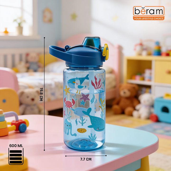 Beram Kids Plastic Water Bottle 600ml – BPA Free Leak Proof Drinking Bottle with Flip Lock Lid  Cute Cartoon Design Lightweight School Water Bottle for Boys & Girls