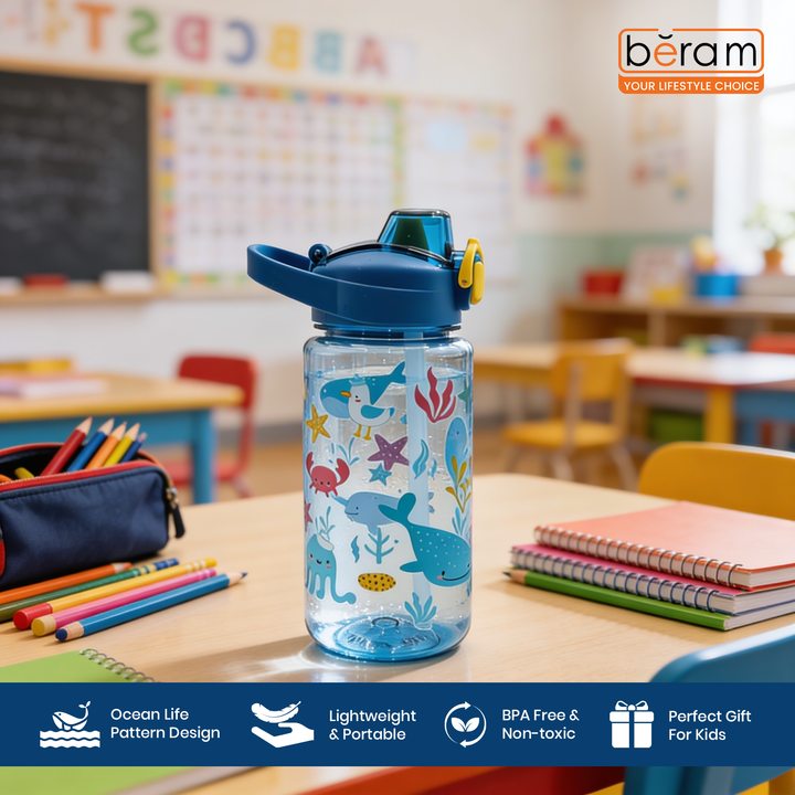 Beram Kids Plastic Water Bottle 600ml – BPA Free Leak Proof Drinking Bottle with Flip Lock Lid  Cute Cartoon Design Lightweight School Water Bottle for Boys & Girls