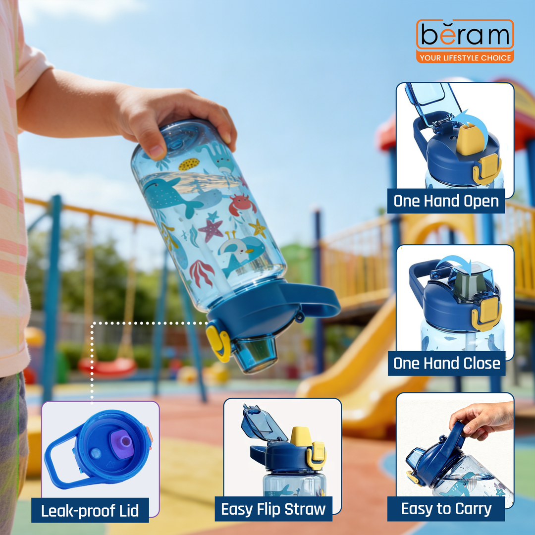 Beram Kids Plastic Water Bottle 600ml – BPA Free Leak Proof Drinking Bottle with Flip Lock Lid  Cute Cartoon Design Lightweight School Water Bottle for Boys & Girls