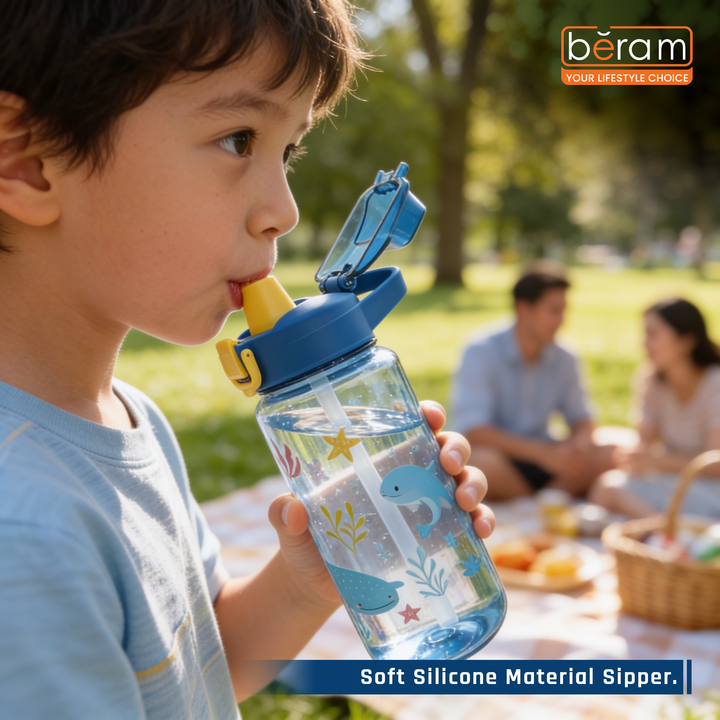 Beram Kids Plastic Water Bottle 600ml – BPA Free Leak Proof Drinking Bottle with Flip Lock Lid  Cute Cartoon Design Lightweight School Water Bottle for Boys & Girls