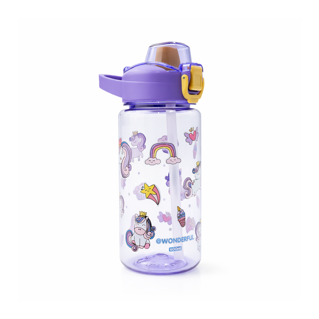 Beram Kids Plastic Water Bottle 600ml – BPA Free Leak Proof Drinking Bottle with Flip Lock Lid  Cute Cartoon Design Lightweight School Water Bottle for Boys & Girls
