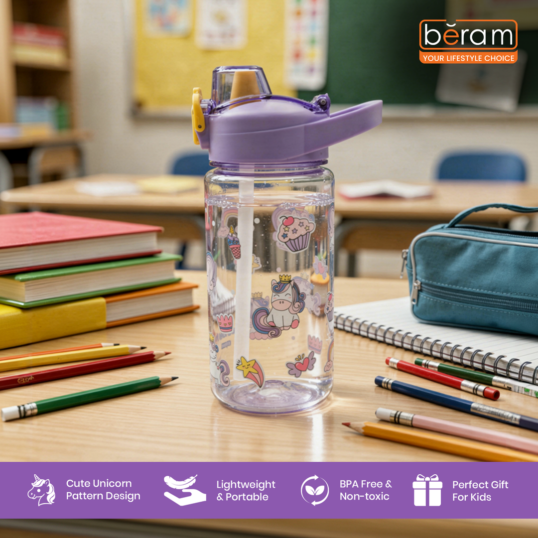 Beram Kids Plastic Water Bottle 600ml – BPA Free Leak Proof Drinking Bottle with Flip Lock Lid  Cute Cartoon Design Lightweight School Water Bottle for Boys & Girls