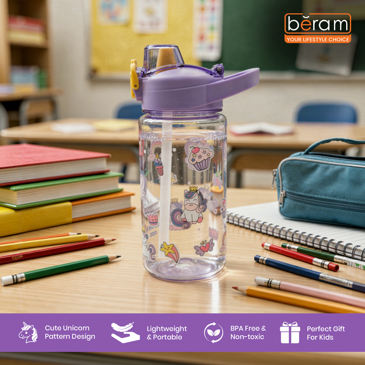 Beram Kids Plastic Water Bottle 600ml – BPA Free Leak Proof Drinking Bottle with Flip Lock Lid  Cute Cartoon Design Lightweight School Water Bottle for Boys & Girls