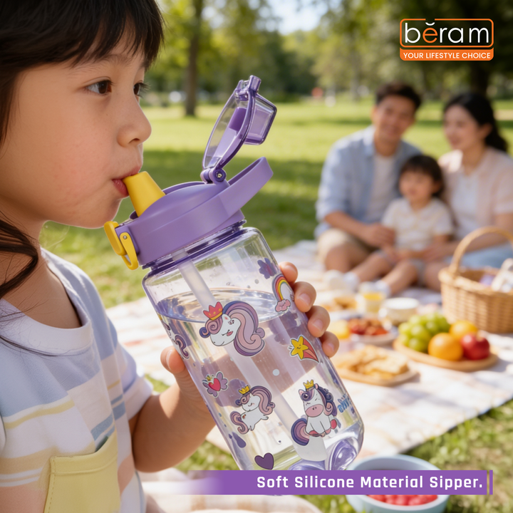 Beram Kids Plastic Water Bottle 600ml – BPA Free Leak Proof Drinking Bottle with Flip Lock Lid  Cute Cartoon Design Lightweight School Water Bottle for Boys & Girls