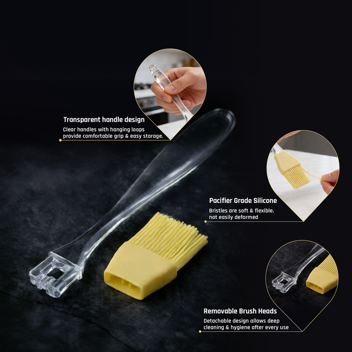 Silicone Pastry Brushes, 2-Piece Set 100% Platinum Silicone Heat Resistant up to 250°C Oil Brush for Grill Heat-Resistant Odorless & Dishwasher Safe Removable Heads with Transparent Handles