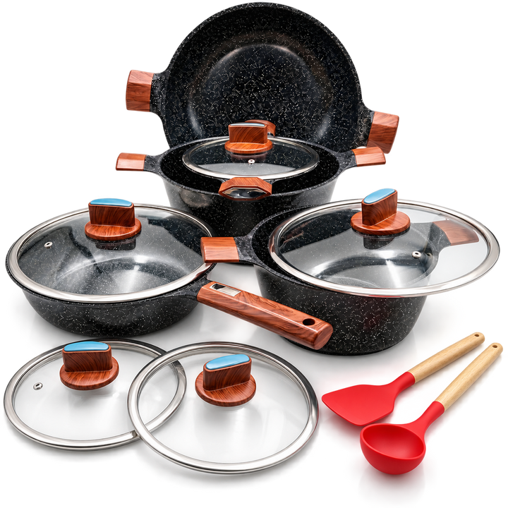 BMN 12 Piece Granite Cookware Set Non Stick Pots and Pans with Lids, Aluminium Casserole 20 24 28 cm, Deep Fry Pan 28 cm, Wok 34 cm, Induction Compatible Cooking Set