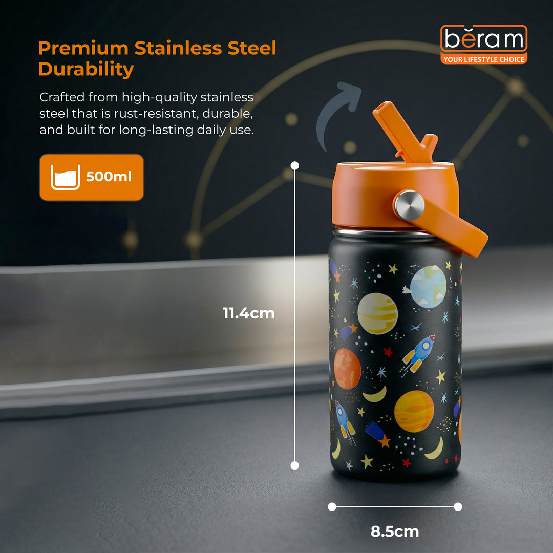 Beram Stainless Steel Thermal Water Bottle 12oz 500ml Smart Water Bottle Aqua Flask Travel Flask for Hot Water Thermos Flask Harmonica Bottle