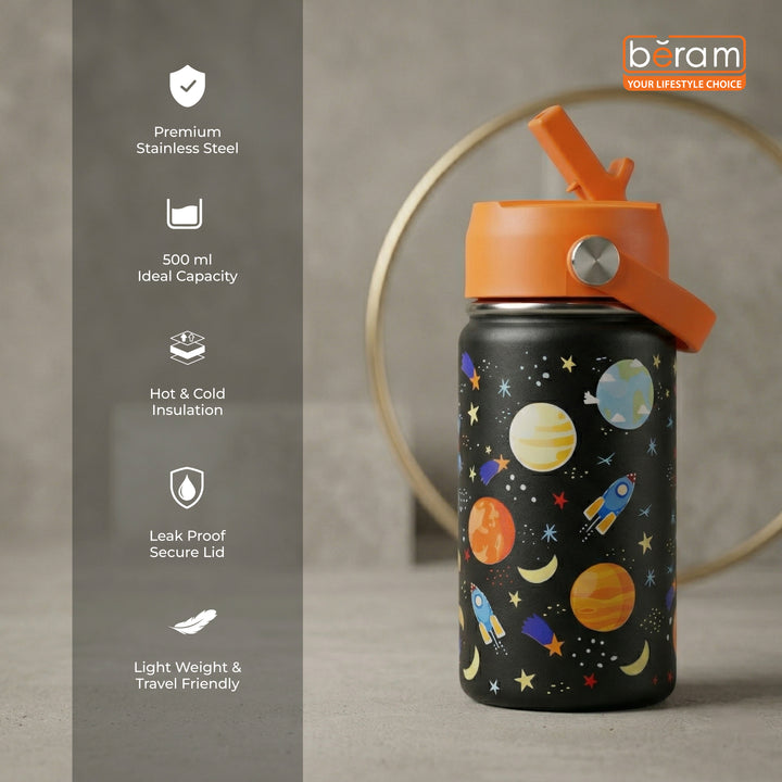 Beram Stainless Steel Thermal Water Bottle 12oz 500ml Smart Water Bottle Aqua Flask Travel Flask for Hot Water Thermos Flask Harmonica Bottle