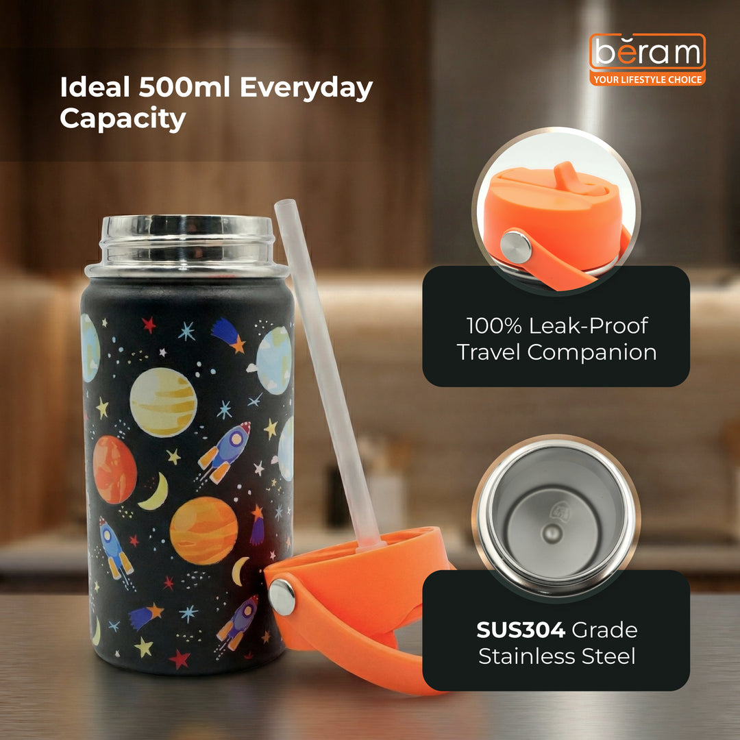 Beram Stainless Steel Thermal Water Bottle 12oz 500ml Smart Water Bottle Aqua Flask Travel Flask for Hot Water Thermos Flask Harmonica Bottle