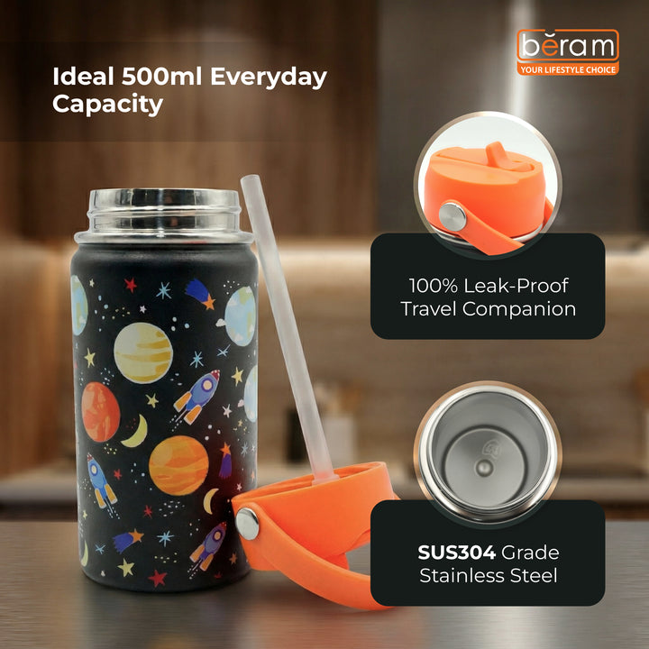 Beram Stainless Steel Thermal Water Bottle 12oz 500ml Smart Water Bottle Aqua Flask Travel Flask for Hot Water Thermos Flask Harmonica Bottle