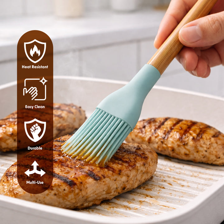 Silicone Basting Brush With Anti-Slip Wooden Handles Grill Accessories, Heat ResistantHeat Resistant up to 250°C BPA-Free Non-Scratch Dishwasher Safe Ideal for Grilling Baking & Cooking - Blue