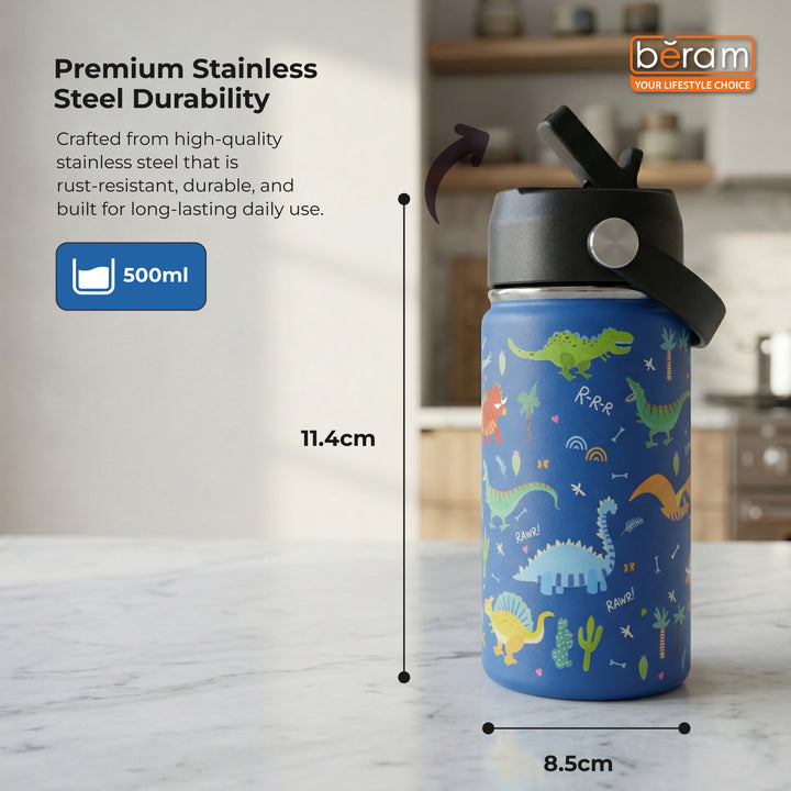 Beram Stainless Steel Thermal Water Bottle 12oz 500ml Smart Water Bottle Aqua Flask Travel Flask for Hot Water Thermos Flask Harmonica Bottle