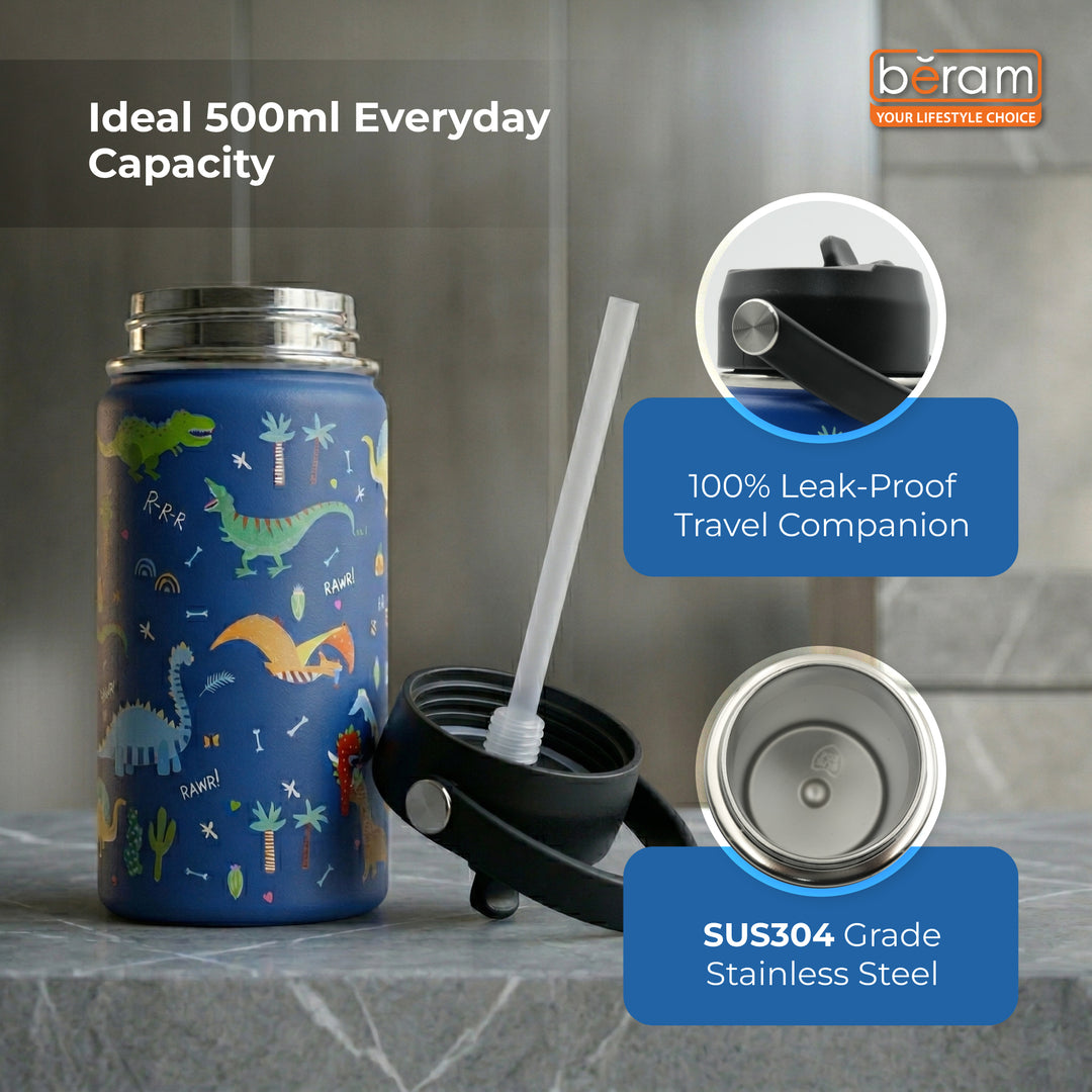 Beram Stainless Steel Thermal Water Bottle 12oz 500ml Smart Water Bottle Aqua Flask Travel Flask for Hot Water Thermos Flask Harmonica Bottle