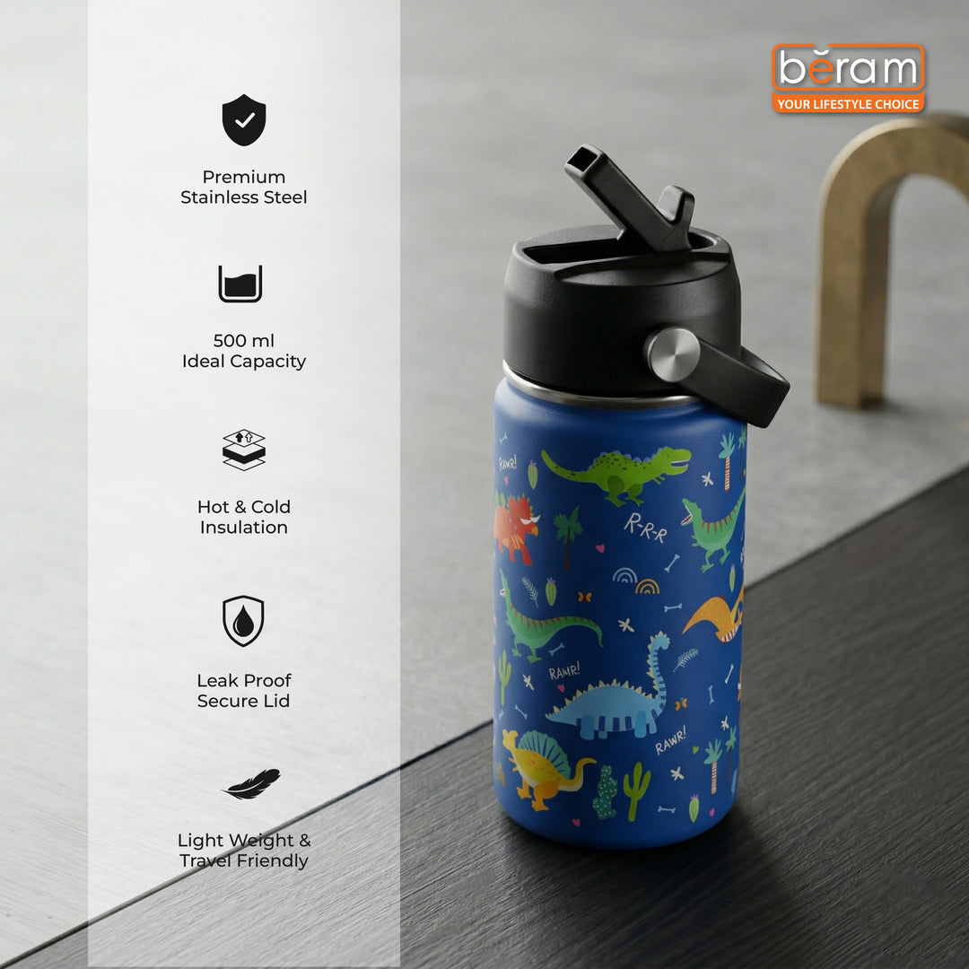 Beram Stainless Steel Thermal Water Bottle 12oz 500ml Smart Water Bottle Aqua Flask Travel Flask for Hot Water Thermos Flask Harmonica Bottle