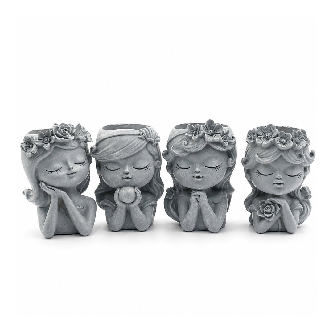 Bonsai Craft Vase 4-Set Pray Dream Flower Blessing Dolls Grey Polyresin Decorative Succulent Planters Elegant Home Office Desk Decor Flower Pots Pen Pencil Holders Propagator Kit Gift