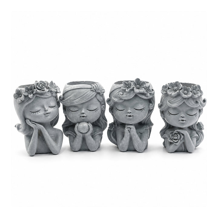 Bonsai Craft Vase 4-Set Pray Dream Flower Blessing Dolls Grey Polyresin Decorative Succulent Planters Elegant Home Office Desk Decor Flower Pots Pen Pencil Holders Propagator Kit Gift