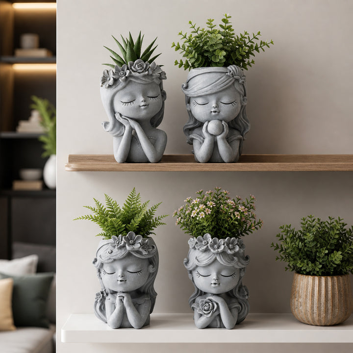 Bonsai Craft Vase 4-Set Pray Dream Flower Blessing Dolls Grey Polyresin Decorative Succulent Planters Elegant Home Office Desk Decor Flower Pots Pen Pencil Holders Propagator Kit Gift