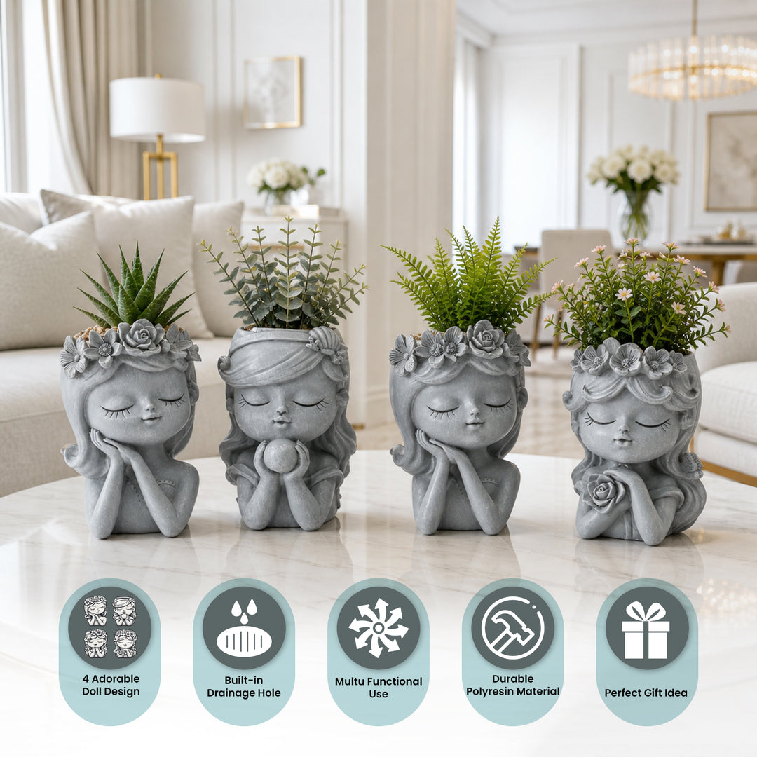 Bonsai Craft Vase 4-Set Pray Dream Flower Blessing Dolls Grey Polyresin Decorative Succulent Planters Elegant Home Office Desk Decor Flower Pots Pen Pencil Holders Propagator Kit Gift