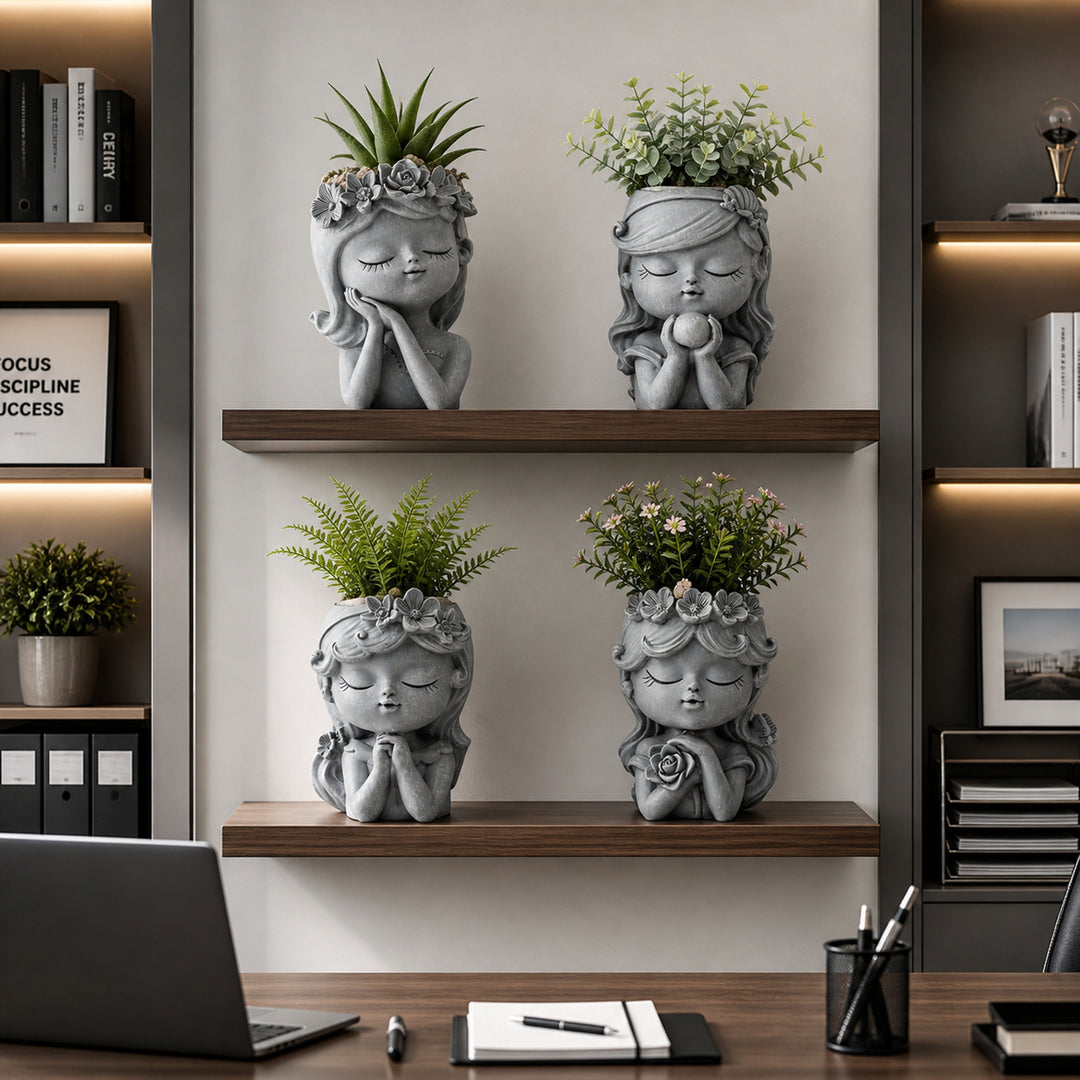 Bonsai Craft Vase 4-Set Pray Dream Flower Blessing Dolls Grey Polyresin Decorative Succulent Planters Elegant Home Office Desk Decor Flower Pots Pen Pencil Holders Propagator Kit Gift