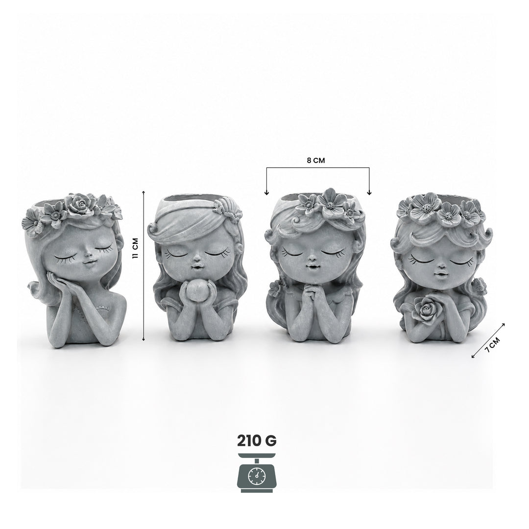 Bonsai Craft Vase 4-Set Pray Dream Flower Blessing Dolls Grey Polyresin Decorative Succulent Planters Elegant Home Office Desk Decor Flower Pots Pen Pencil Holders Propagator Kit Gift