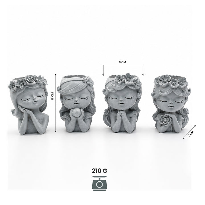 Bonsai Craft Vase 4-Set Pray Dream Flower Blessing Dolls Grey Polyresin Decorative Succulent Planters Elegant Home Office Desk Decor Flower Pots Pen Pencil Holders Propagator Kit Gift