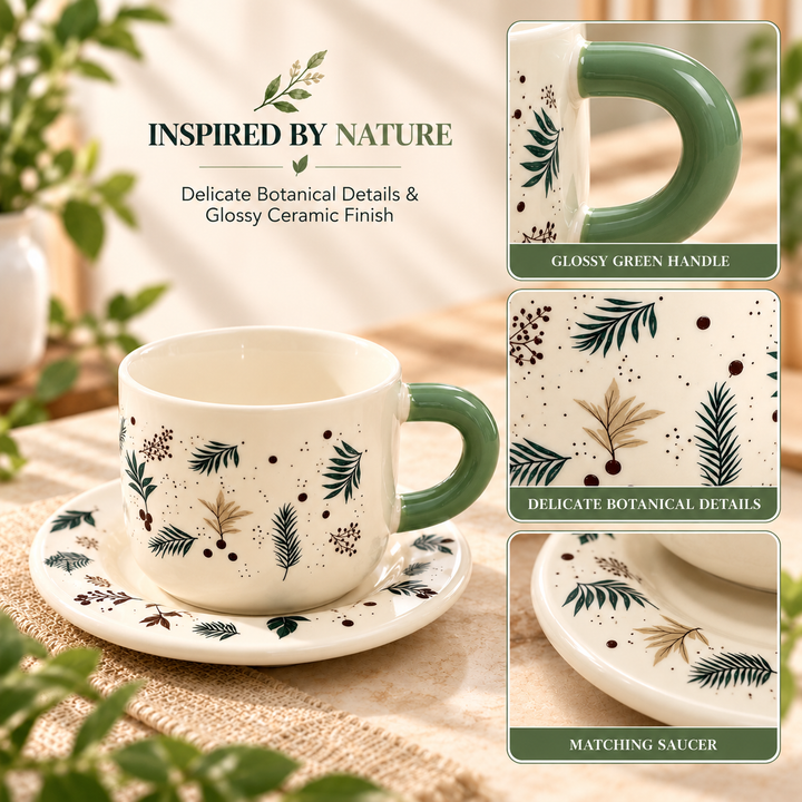 Ceramic Coffee Cup and Saucer Set, Tea Cup with Handle, Elegant White Porcelain Style Cup and Matching Saucer with Botanical Floral Design for Coffee, Tea, Cappuccino and Home Serving