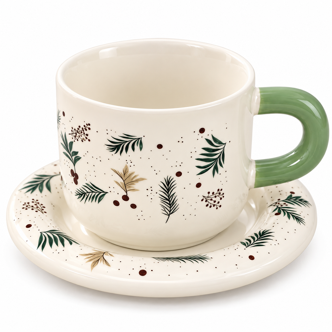 Ceramic Coffee Cup and Saucer Set, Tea Cup with Handle, Elegant White Porcelain Style Cup and Matching Saucer with Botanical Floral Design for Coffee, Tea, Cappuccino and Home Serving